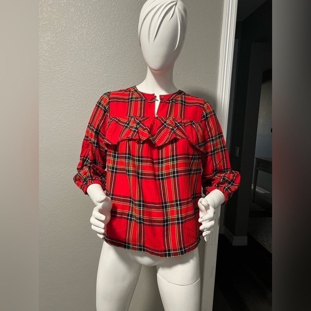 J Crew Ruffle Top in Festive Plaid Red Sz PM